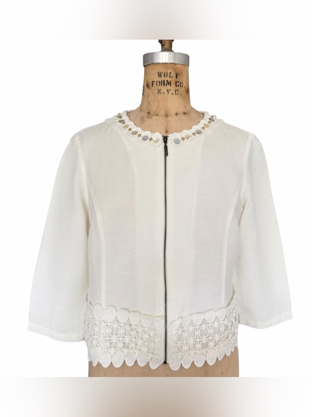 Ruby Rd Petite Linen Blend Crochet Trim Jacket Ivory 10P